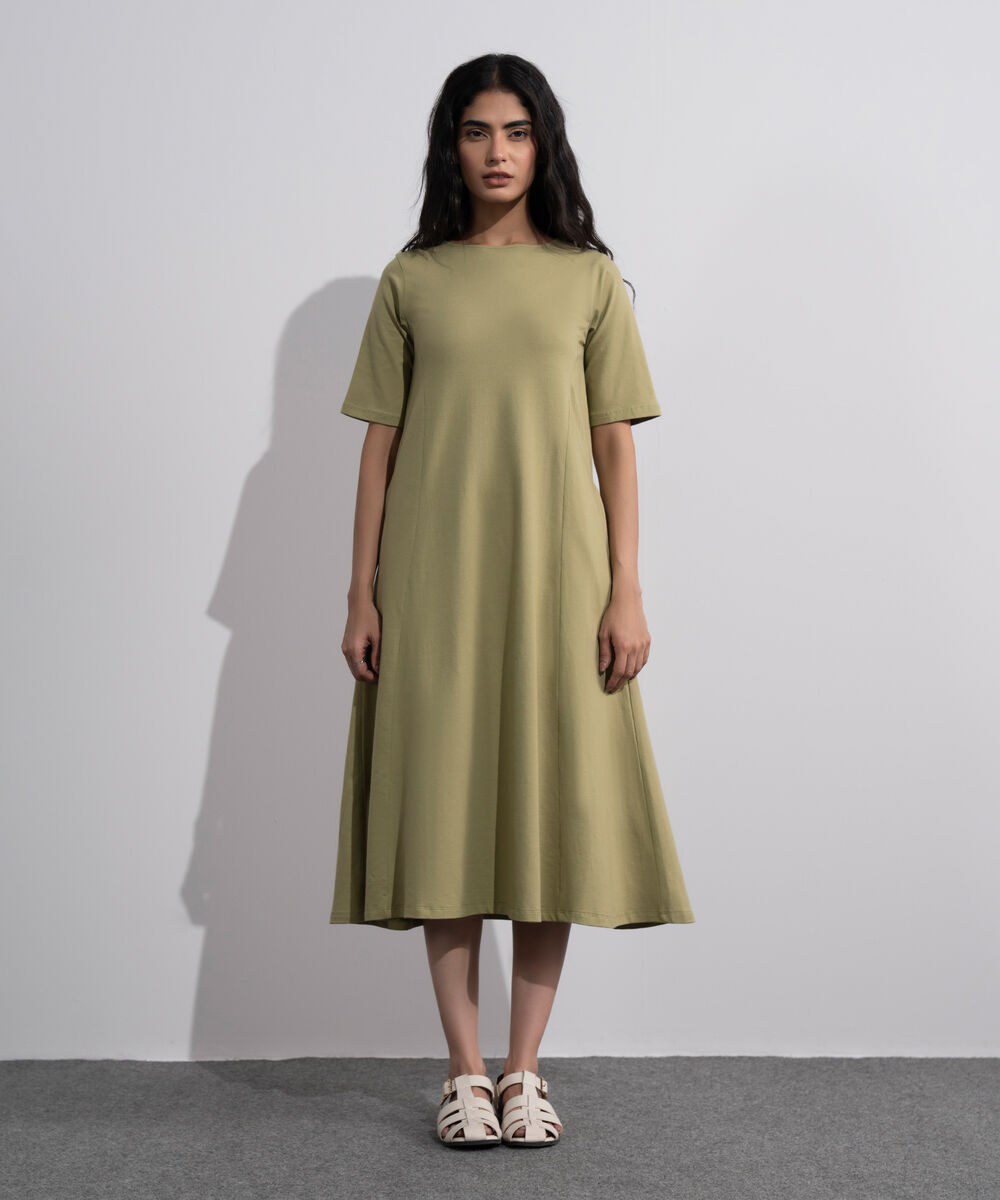 Women's Olive Green Flared Panelled Midi Dress