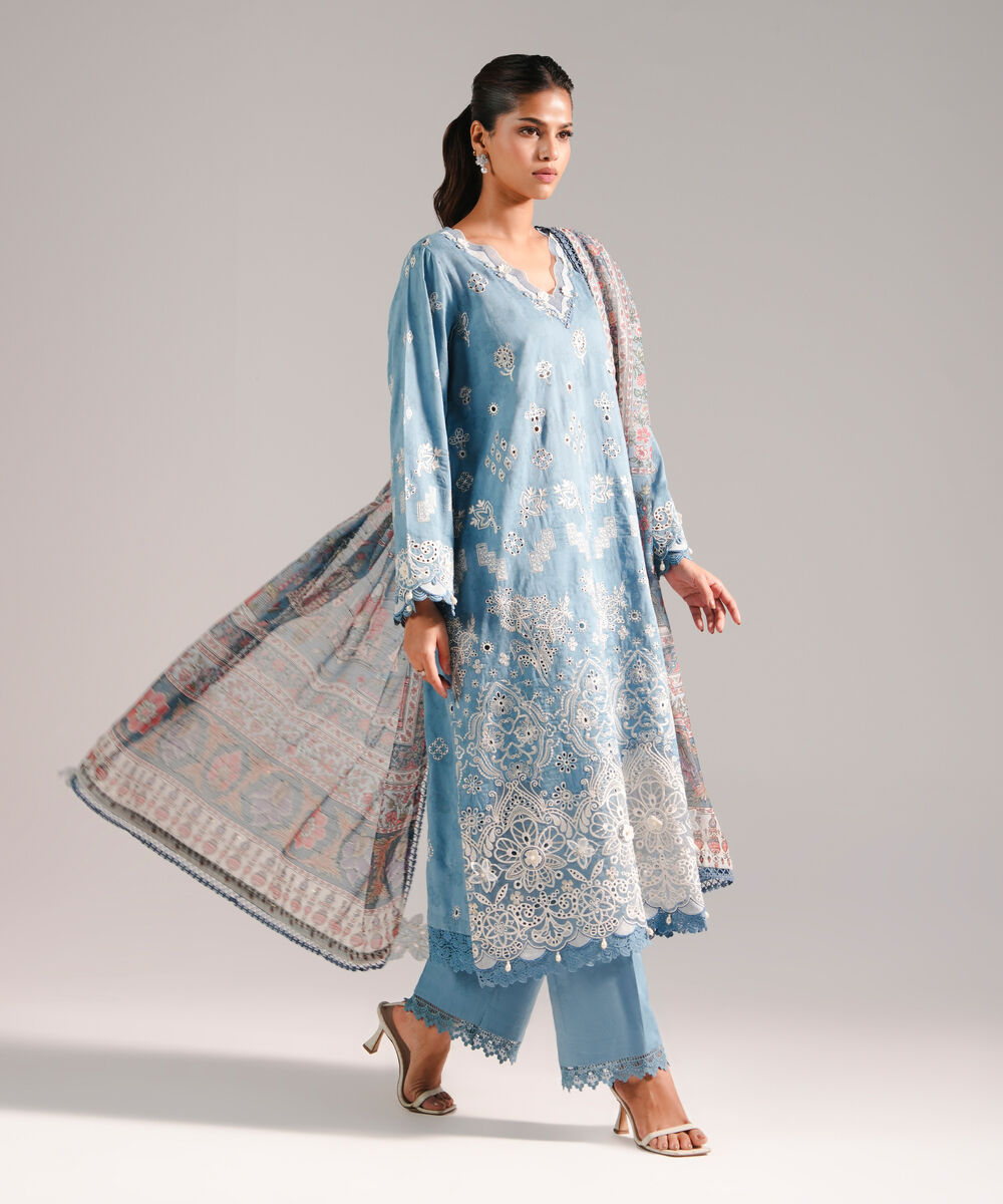 Women's RTW Self Jacquard Embroidered Blue 3 Piece Suit