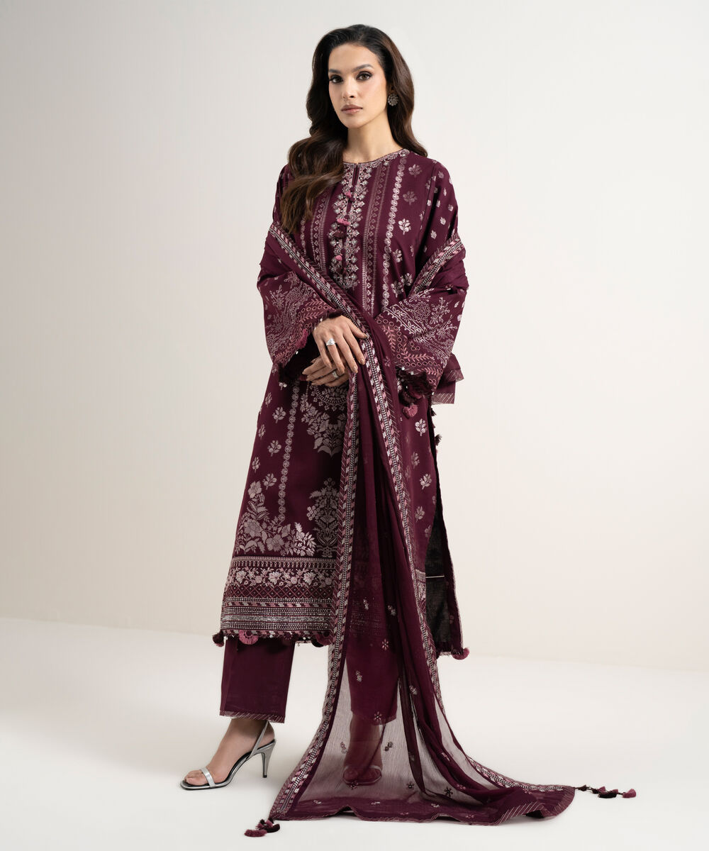 Women's Unstitched Extra Weft Jacquard Embroidered Red 3 Piece Suit