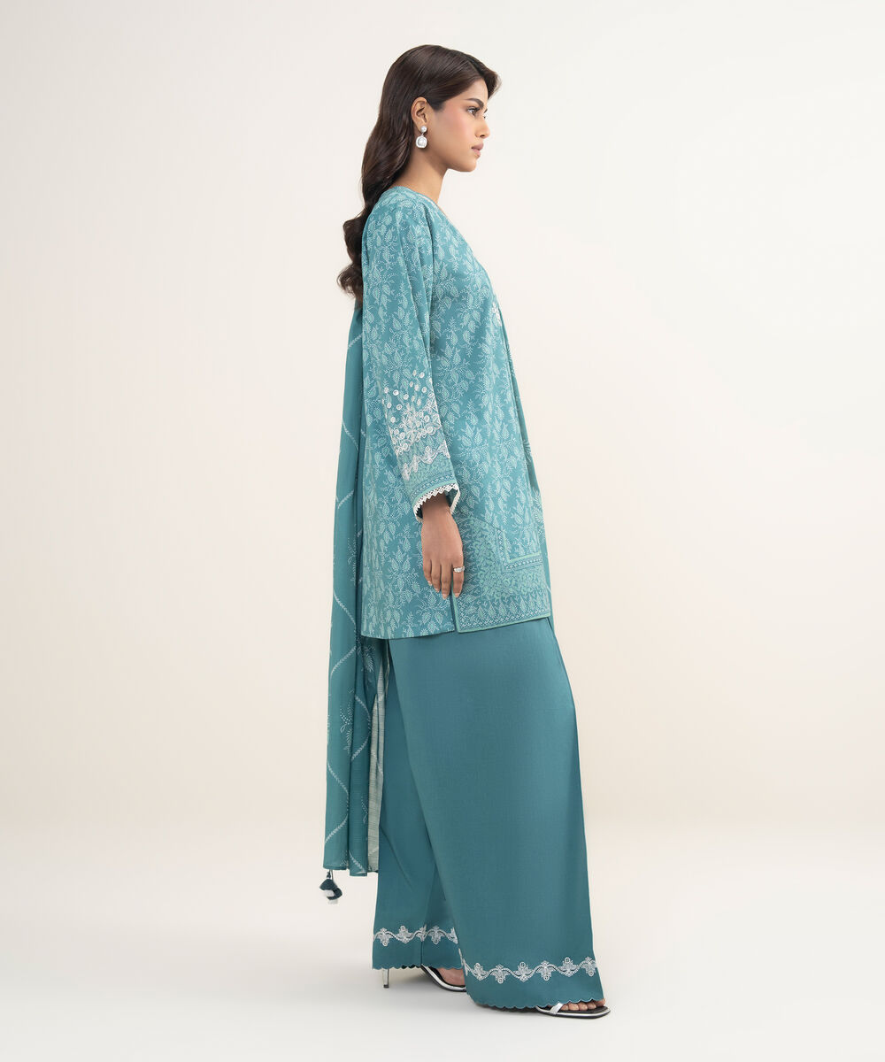 Women's Unstitched Lawn Embroidered Aqua 3 Piece Suit