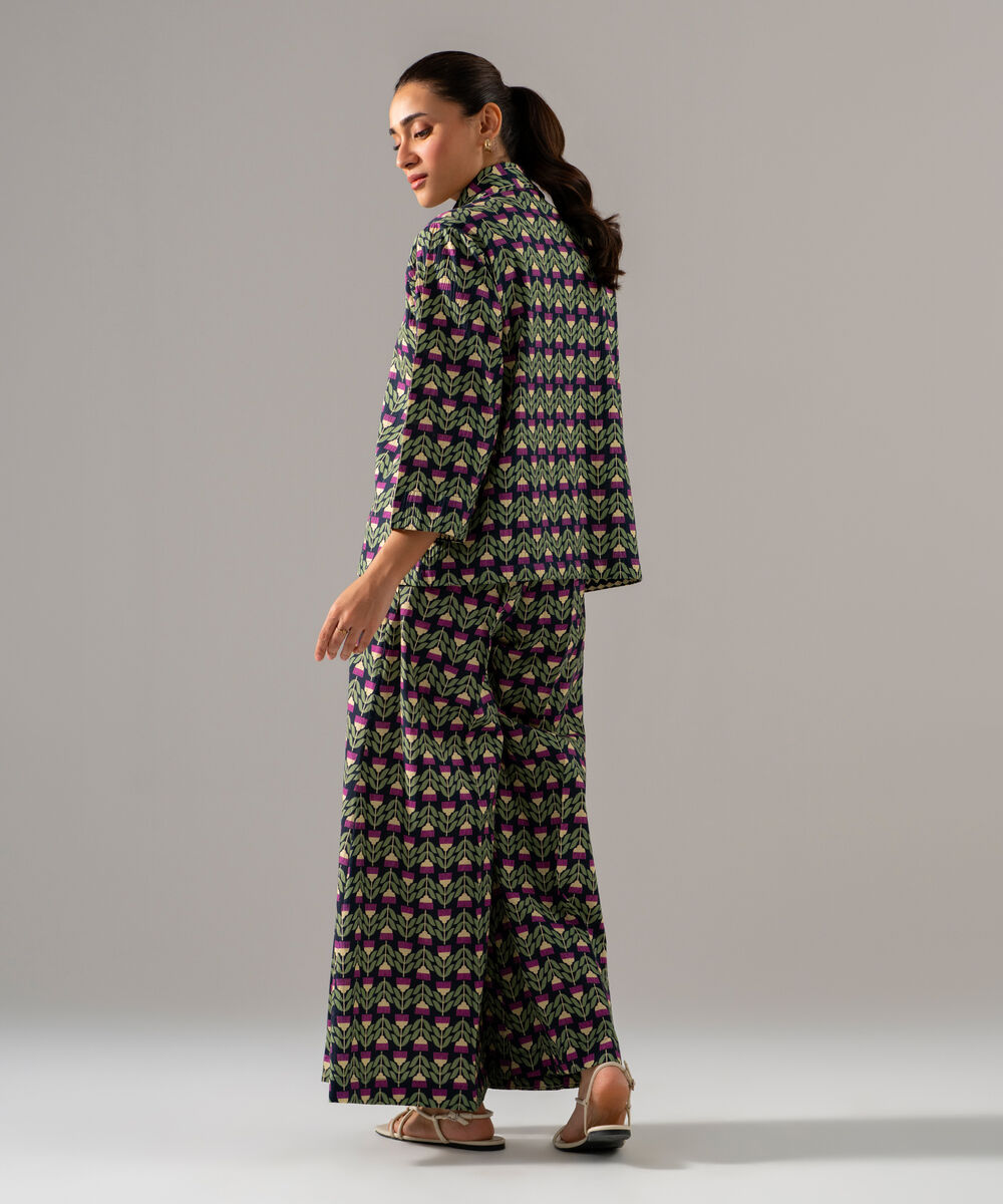 Women's RTW Seersucker Printed Black 2 Piece Suit