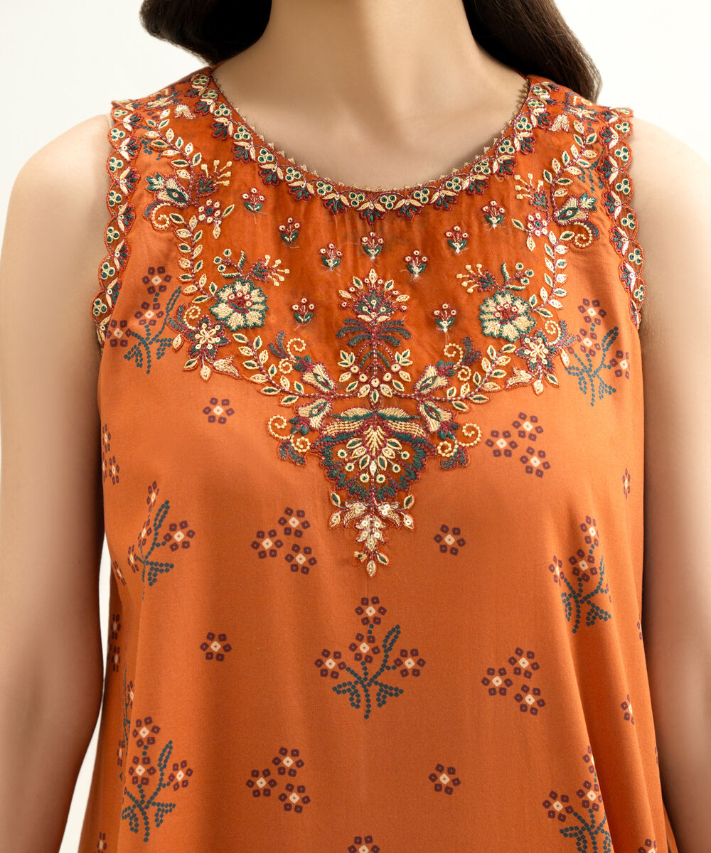 Women's Unstitched Lawn Embroidered Orange 3 Piece Suit