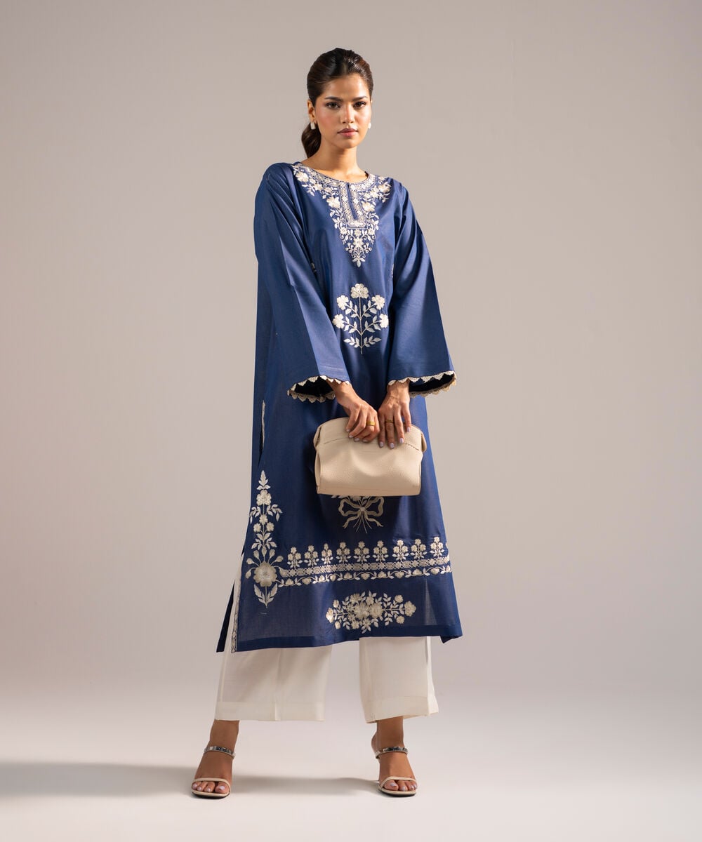 Women's RTW Zari Lawn Embroidered Dark Blue A-Line Shirt
