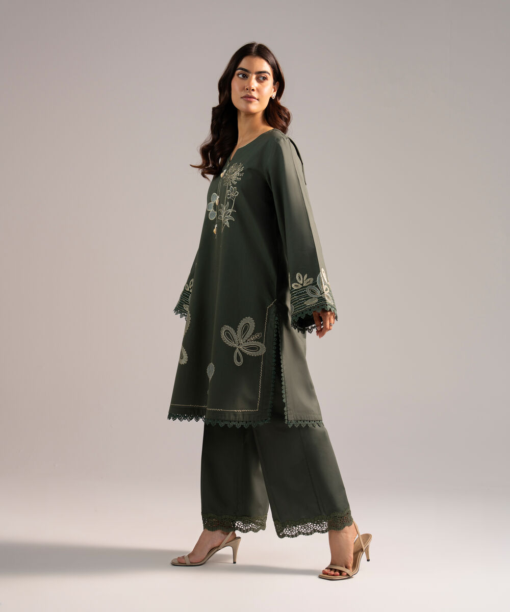 Women's RTW Cambric Embroidered Dark Green A-Line Shirt