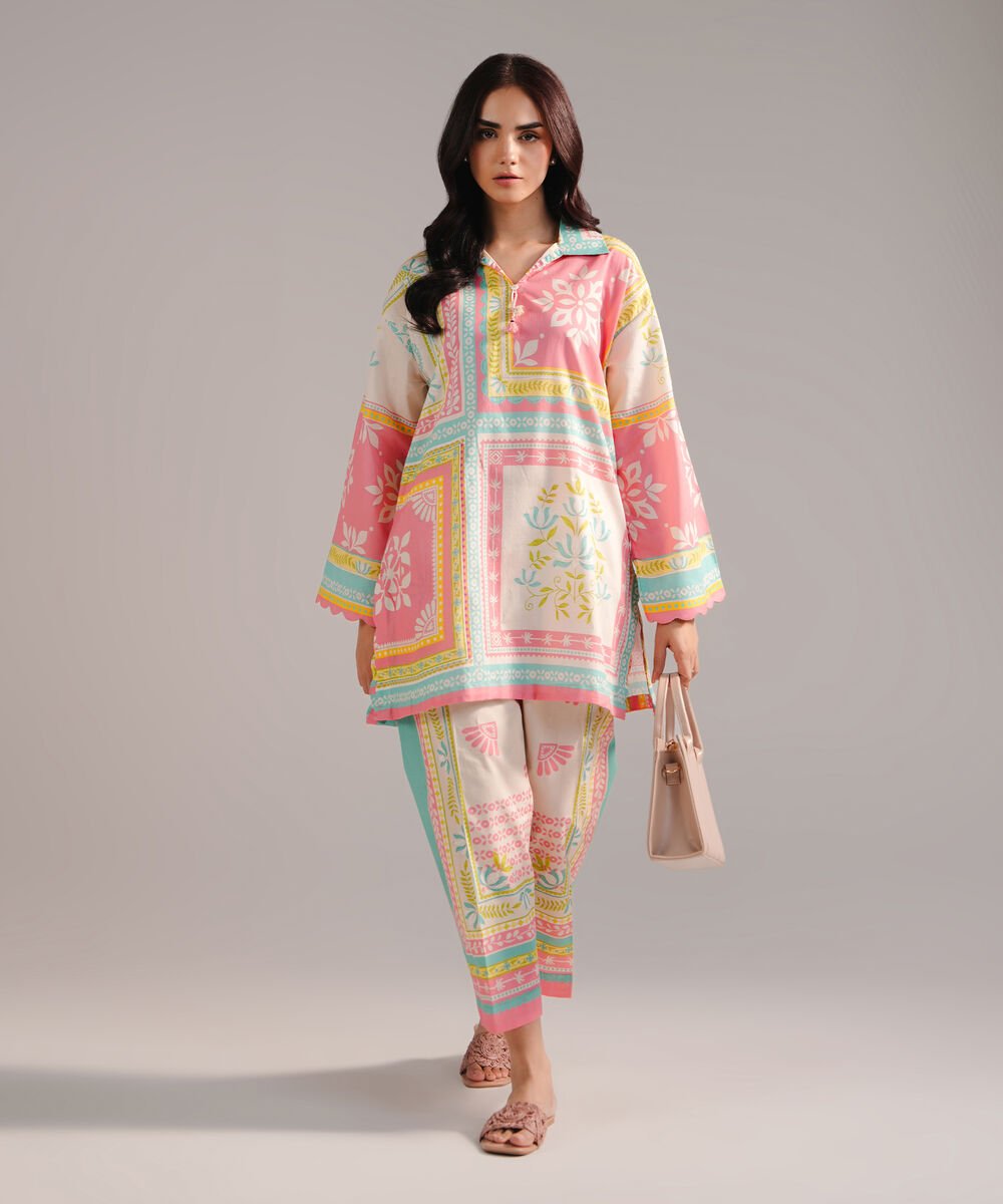 Women's RTW Cambric Printed Pink Drop Shoulder Shirt