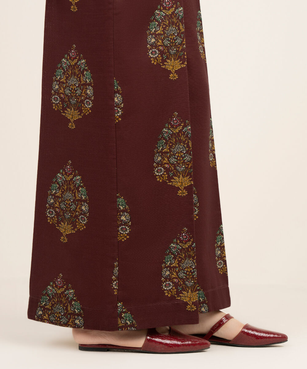 Women's RTW Light Khaddar Red Printed Flared Pants