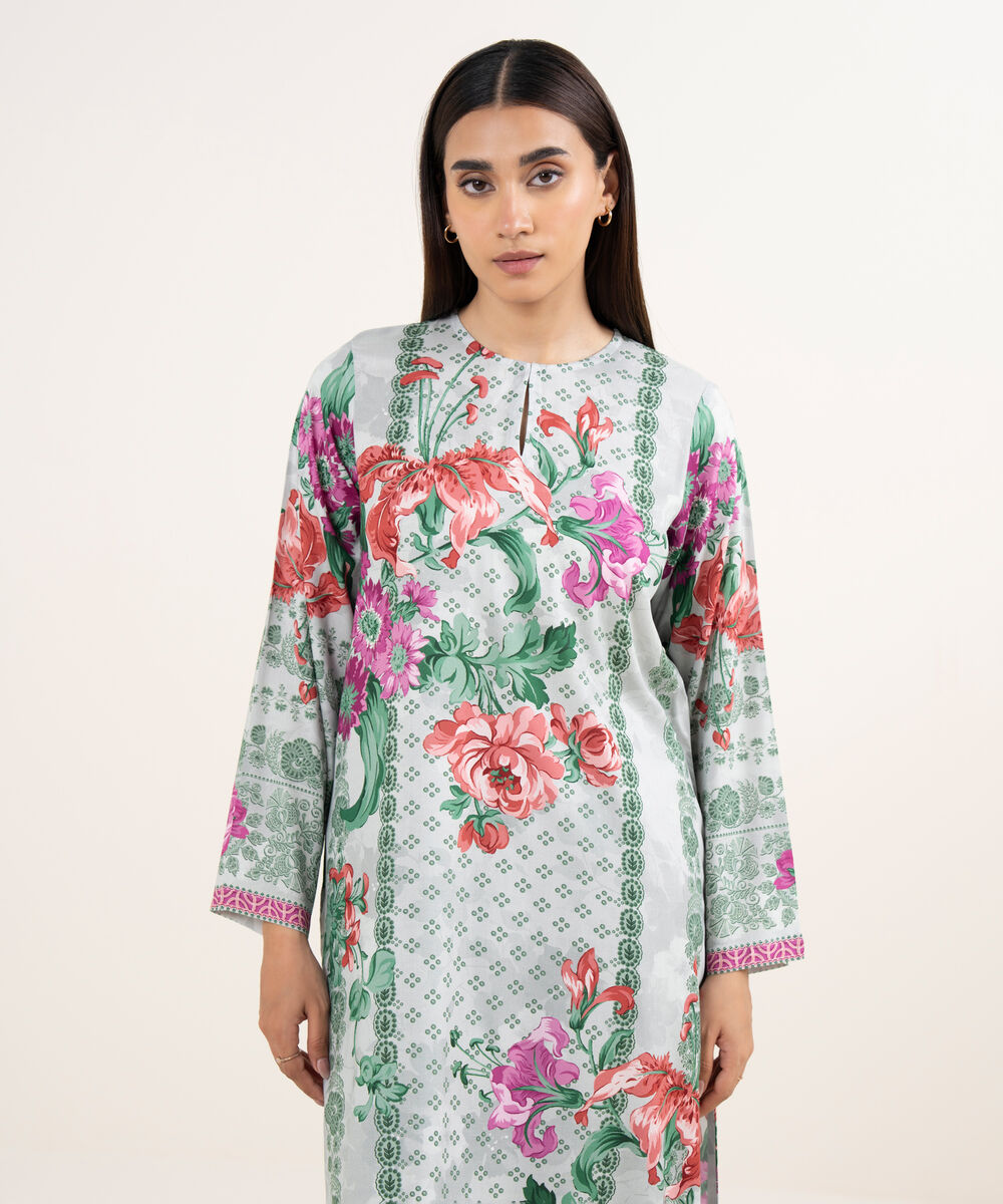 Women's RTW Arabic Lawn Grey Printed Straight Shirt