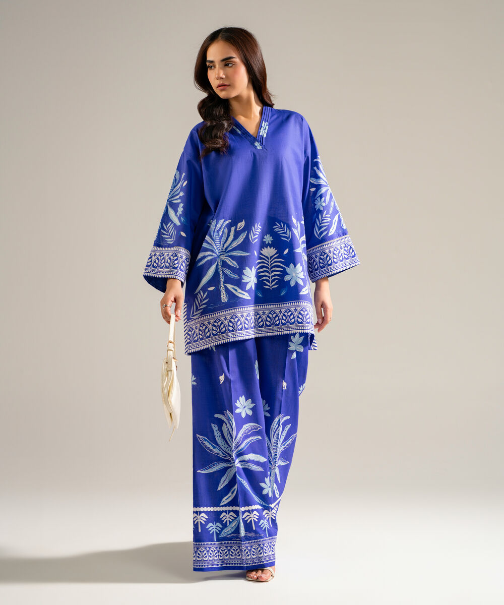 Women's RTW Slub Lawn Printed Blue Drop Shoulder Shirt