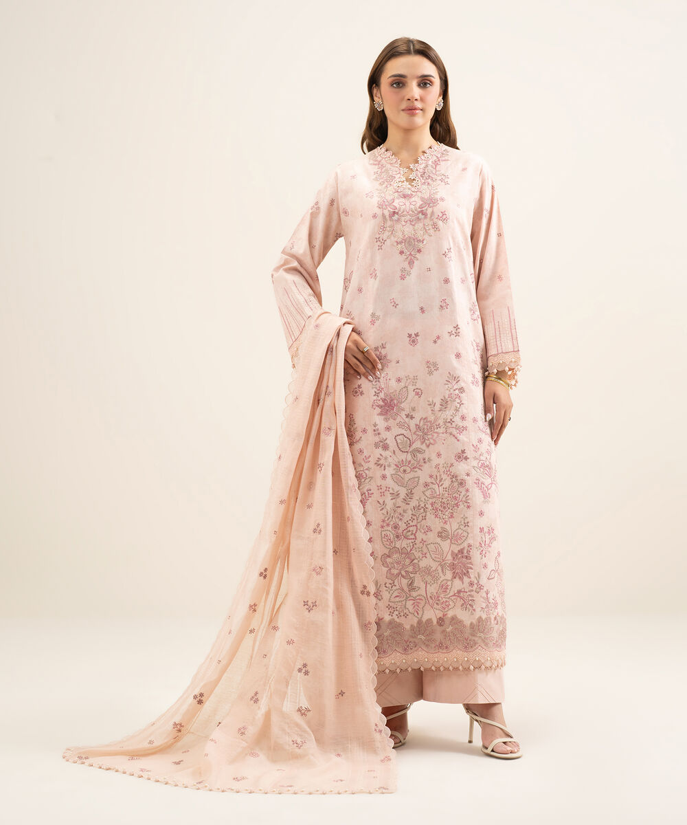 Women's Unstitched Cotton Jacquard Embroidered Pink 3 Piece Suit