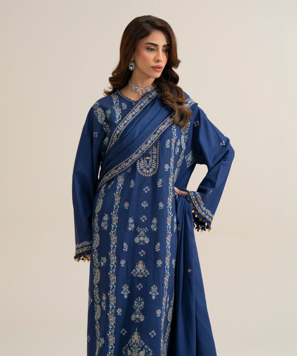 Womens Unstitched Cotton Twill Embroidered Dark Blue 3 Piece Suit