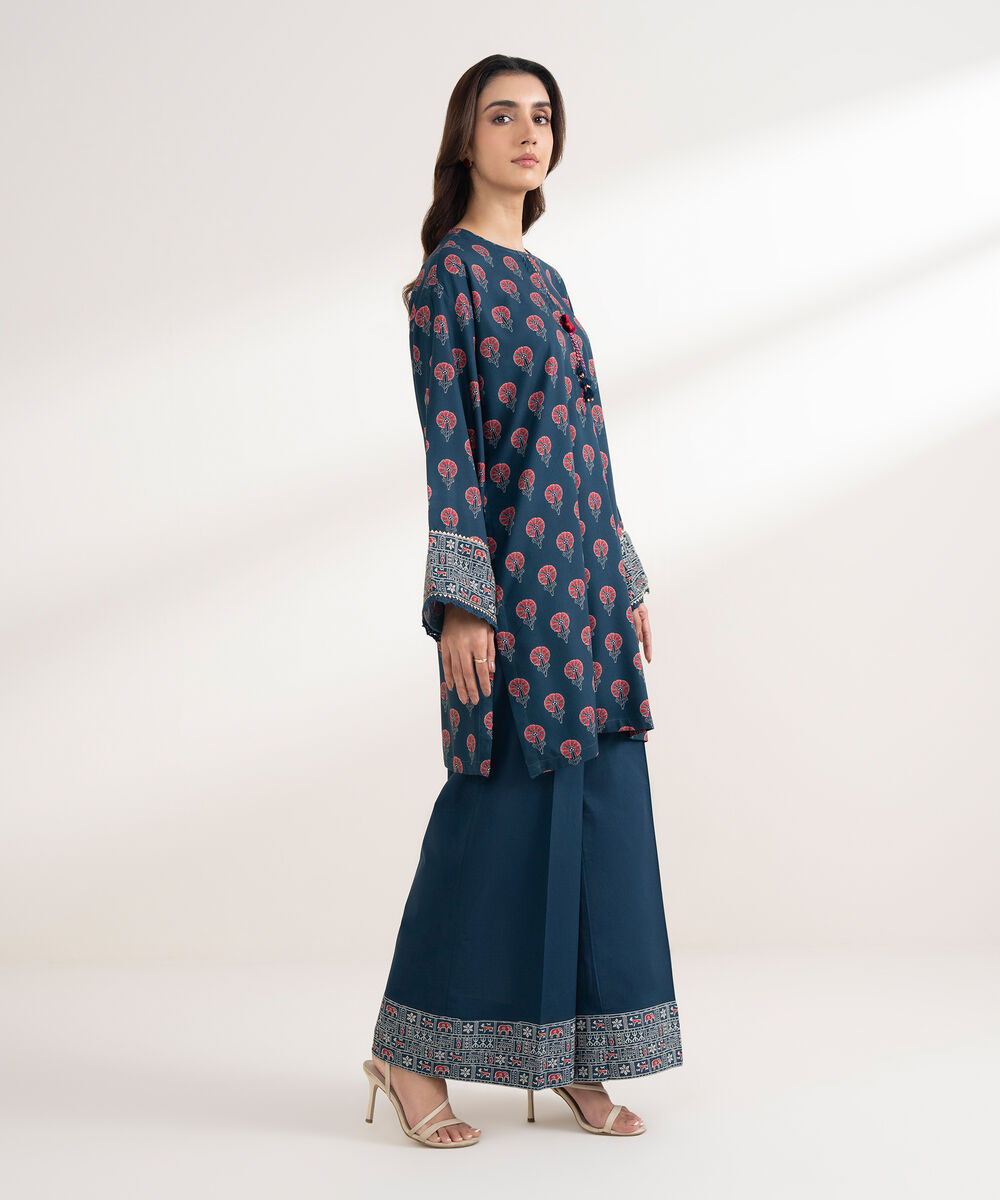 Women's RTW Viscose Linen Printed Boxy Blue Shirt