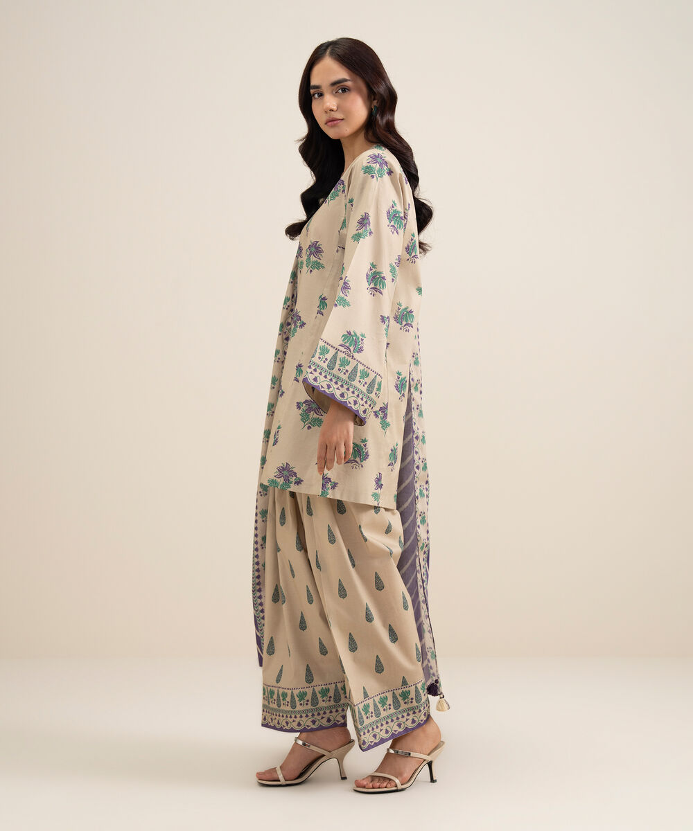 Women's Unstitched Lawn Printed Beige 3 Piece Suit