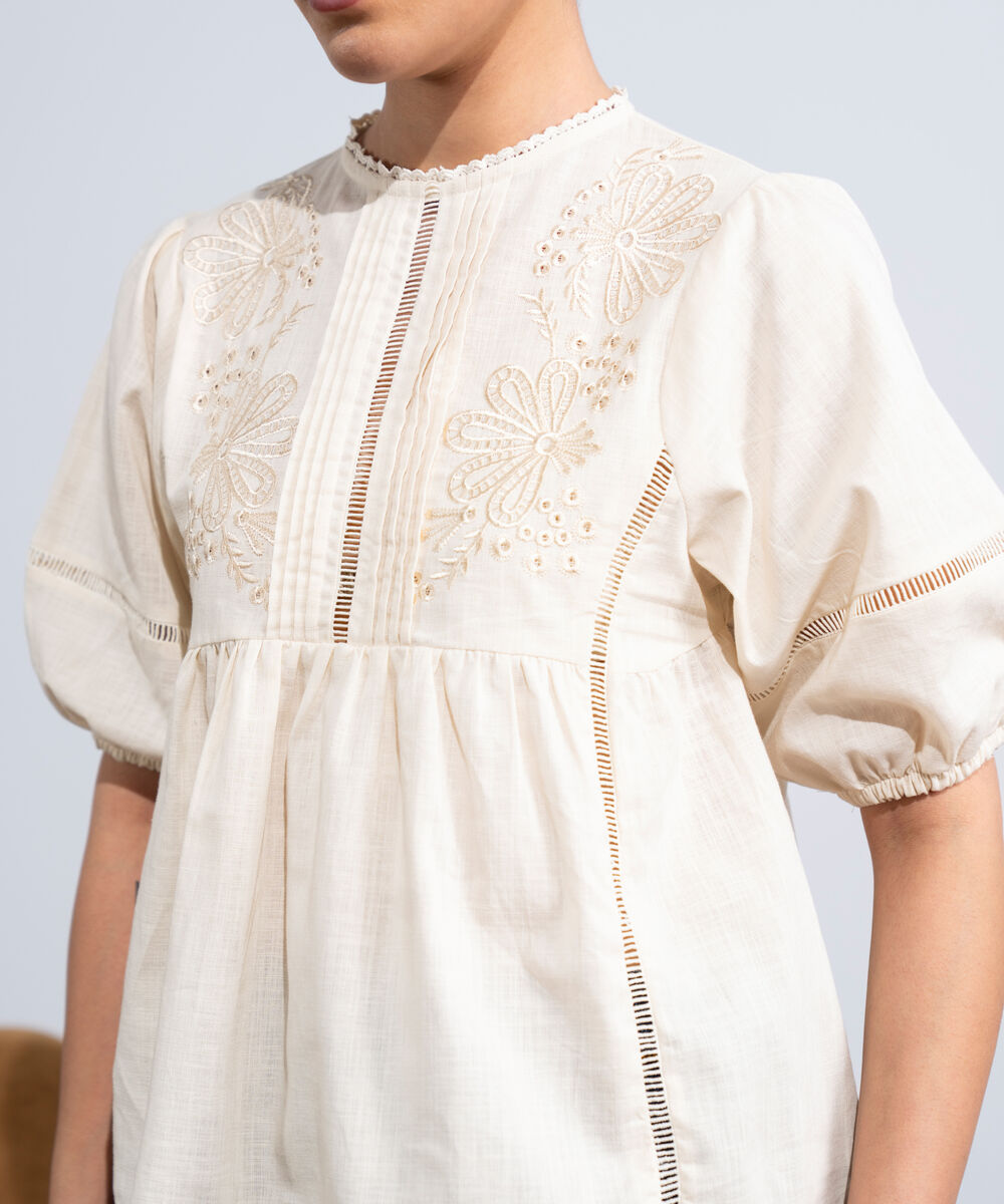 Women's Western Off-White Embroidered Top With Puffed Sleeve