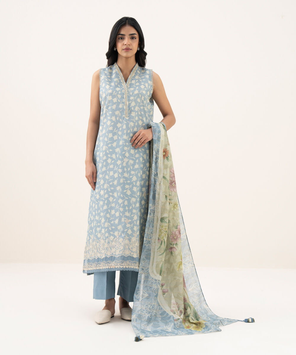 Women's Unstitched Zari Lawn Embroidered Blue 3 Piece Suit
