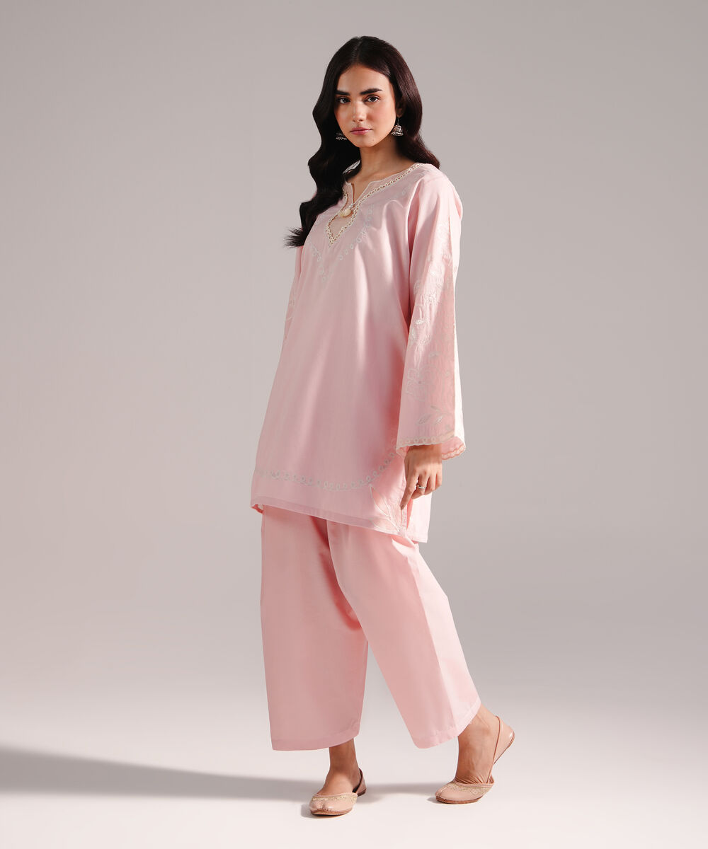 Women's RTW Crosshatch Embroidered Pink Straight Shirt