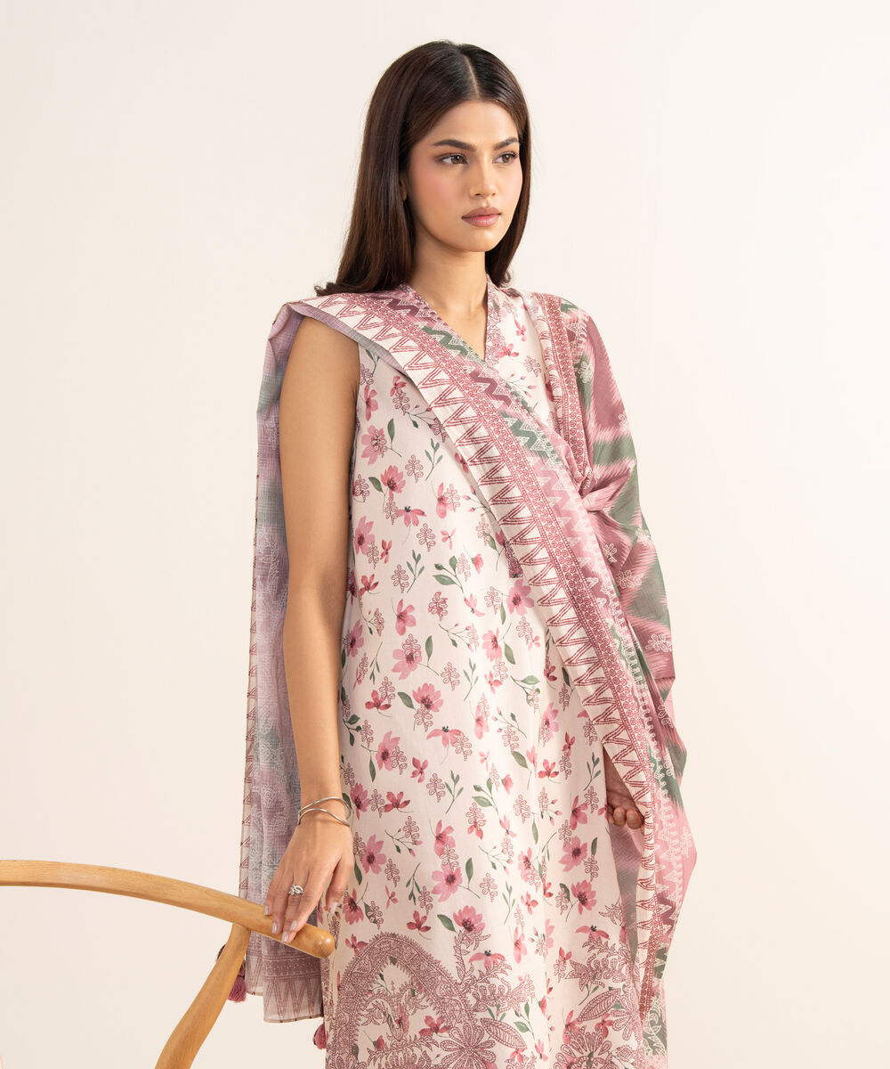 Women's Unstitched Lawn Printed Pink 3 Piece Suit