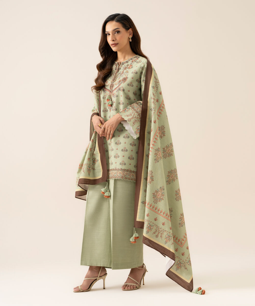 Women's Unstitched Premium Khaddar Embroidered Light Mint Green 3 Piece Suit
