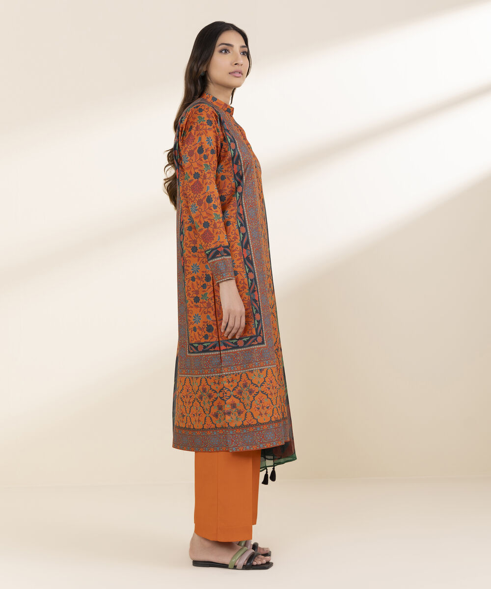 Unstitched Women's Orange Lawn 3 Piece Suit