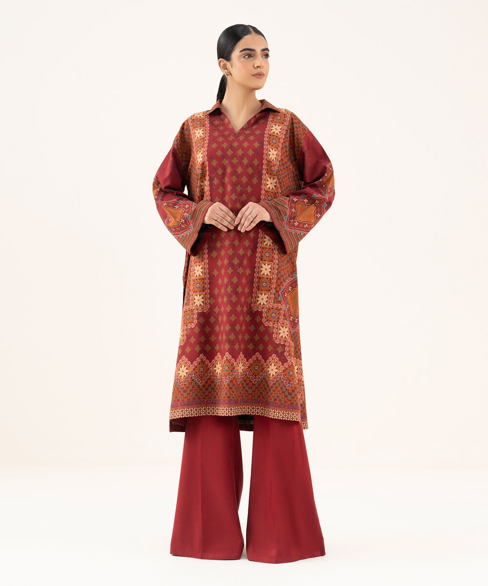 Women's Unstitched Viscose Khaddar Printed Red 2 Piece Suit