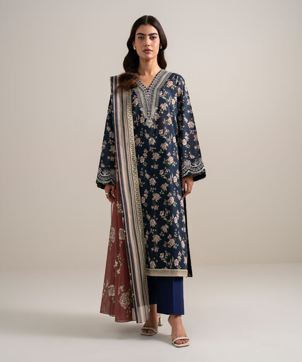 Women's Unstitched Lawn Embroidered Blue 3 Piece Suit
