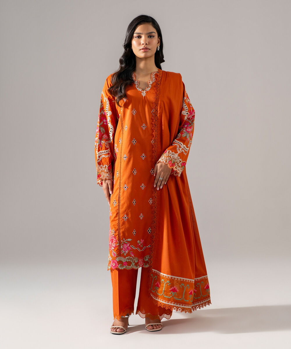 Women's RTW Dobby Embroidered Rust 3 Piece Suit