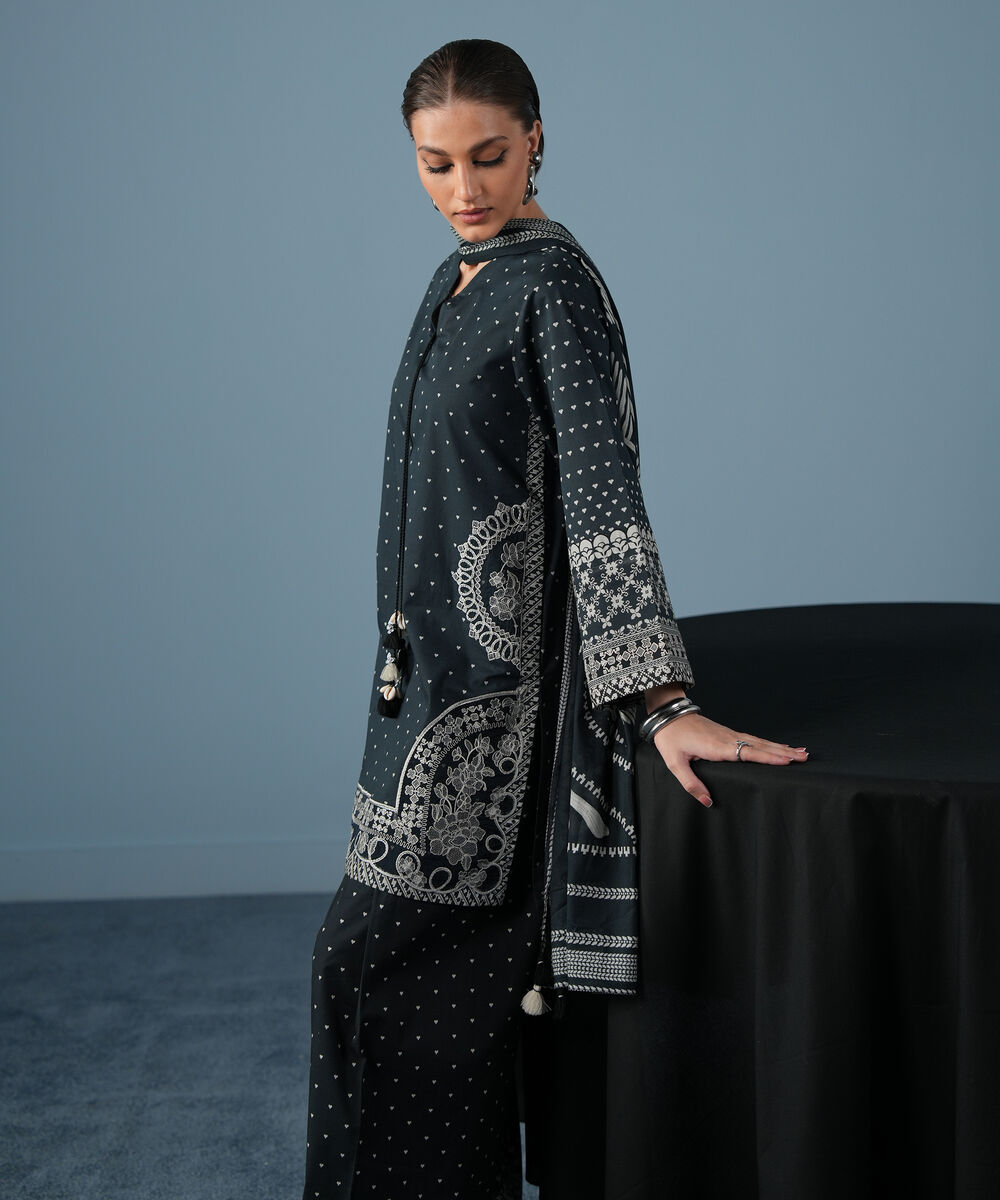 Women's Unstitched Lawn Embroidered Black and Off White 3 Piece Suit
