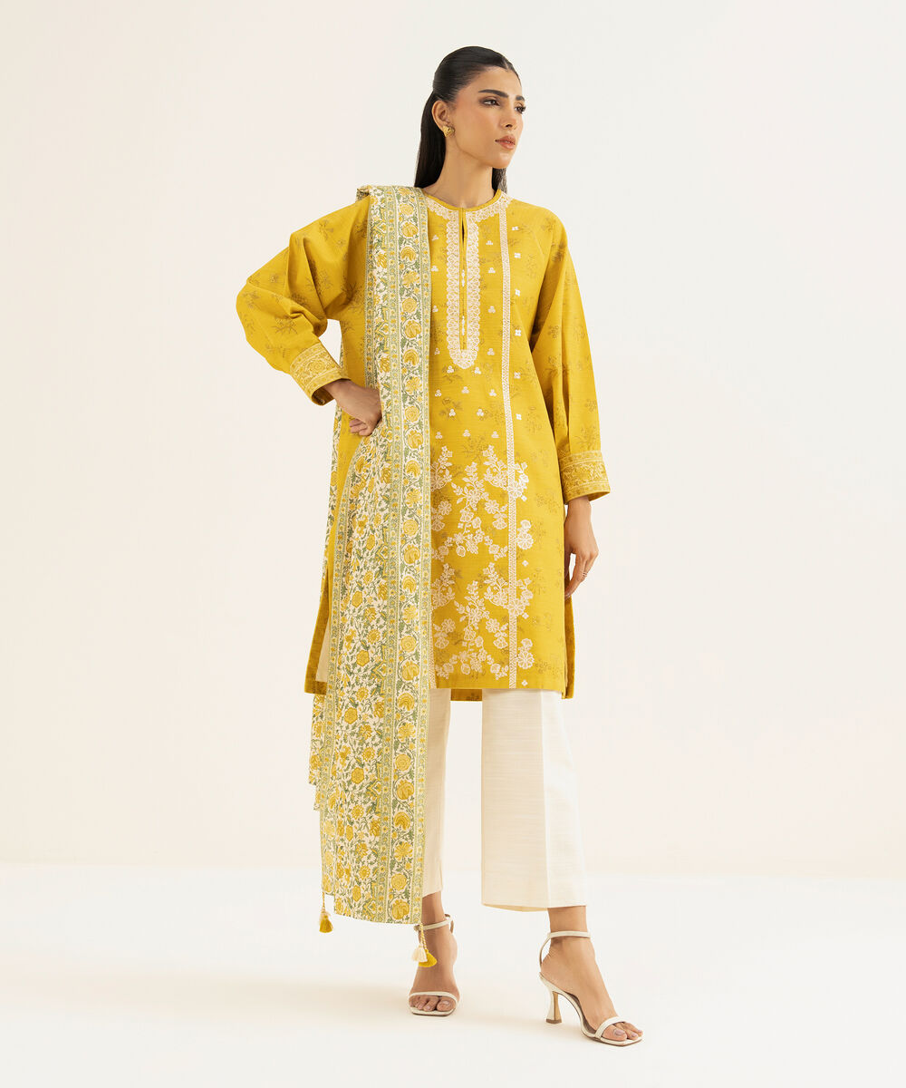 Women's Unstitched Cotton Embroidered Yellow 2 Piece Suit