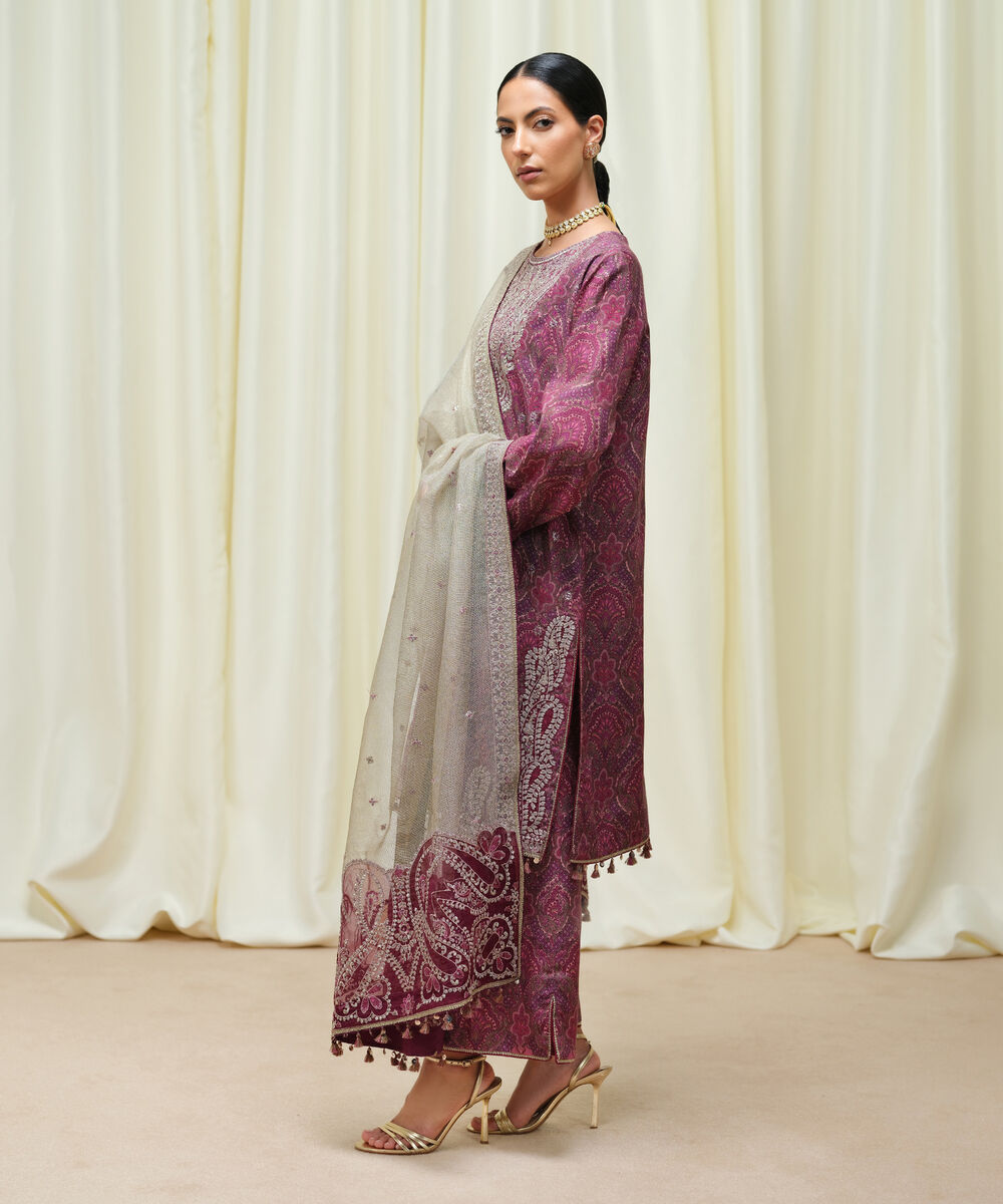 Women's Unstitched Viscose Raw Silk Printed Three Piece Suit