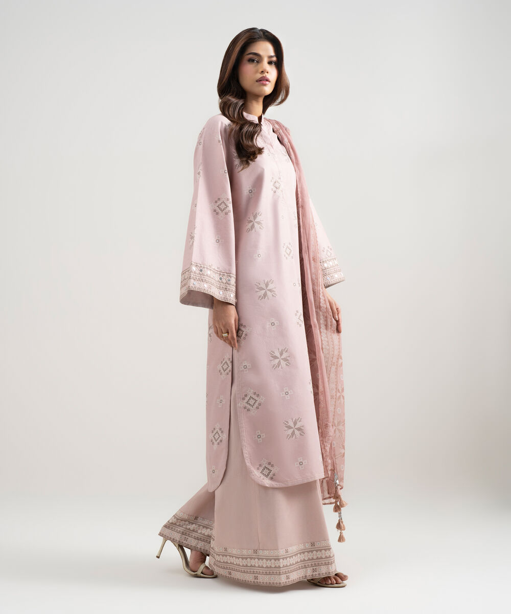 Women's Unstitched Zari Lawn Printed Pink 3 Piece Suit