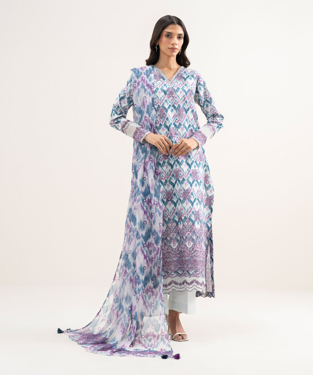Women's Unstitched Lawn Embroidered Purple 3 Piece Suit