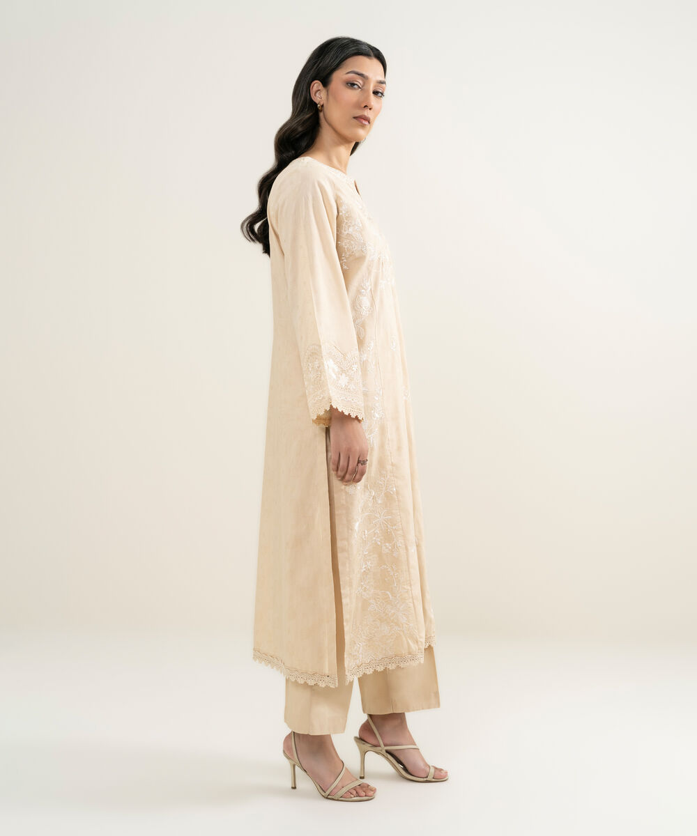 Women's RTW Self Jacquard Embroidered Beige Straight Shirt