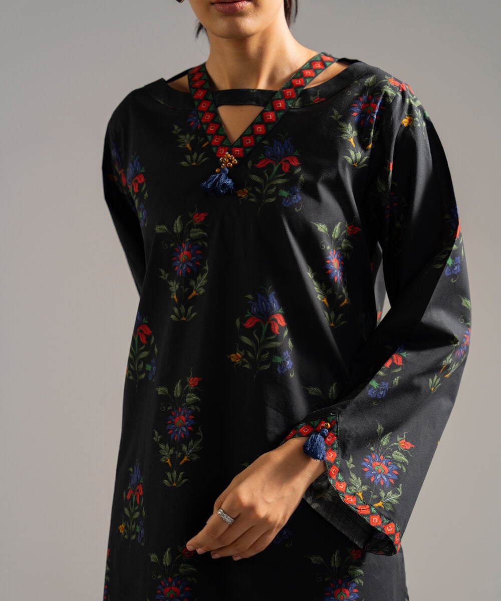 Women's RTW Lawn Printed Black Straight Shirt