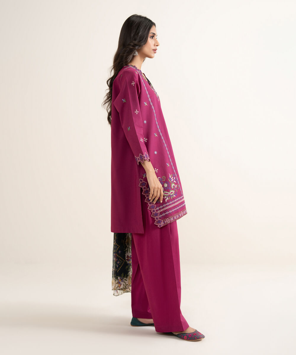 Women's Unstitched Textured Lawn Embroidered Pink 3 Piece Suit