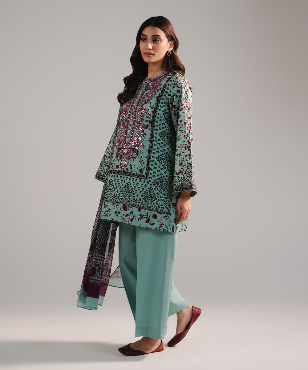 Women's RTW Cambric Embroidered Blue 3 Piece Suit