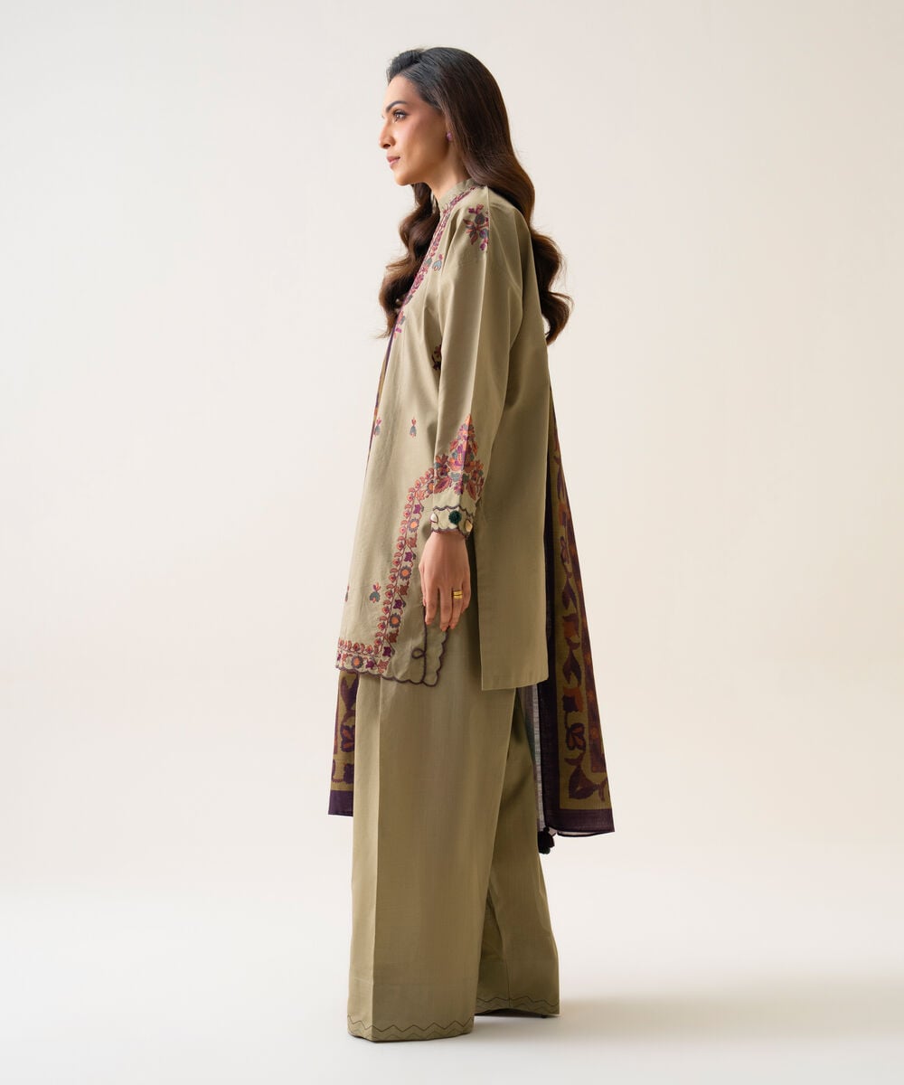 Women's Unstitched Textured Cotton Embroidered Beige 3 Piece Suit
