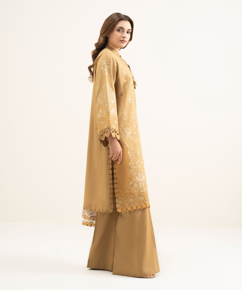 Women's Unstitched Textured Lawn Brown Embroidered 3 Piece Suit