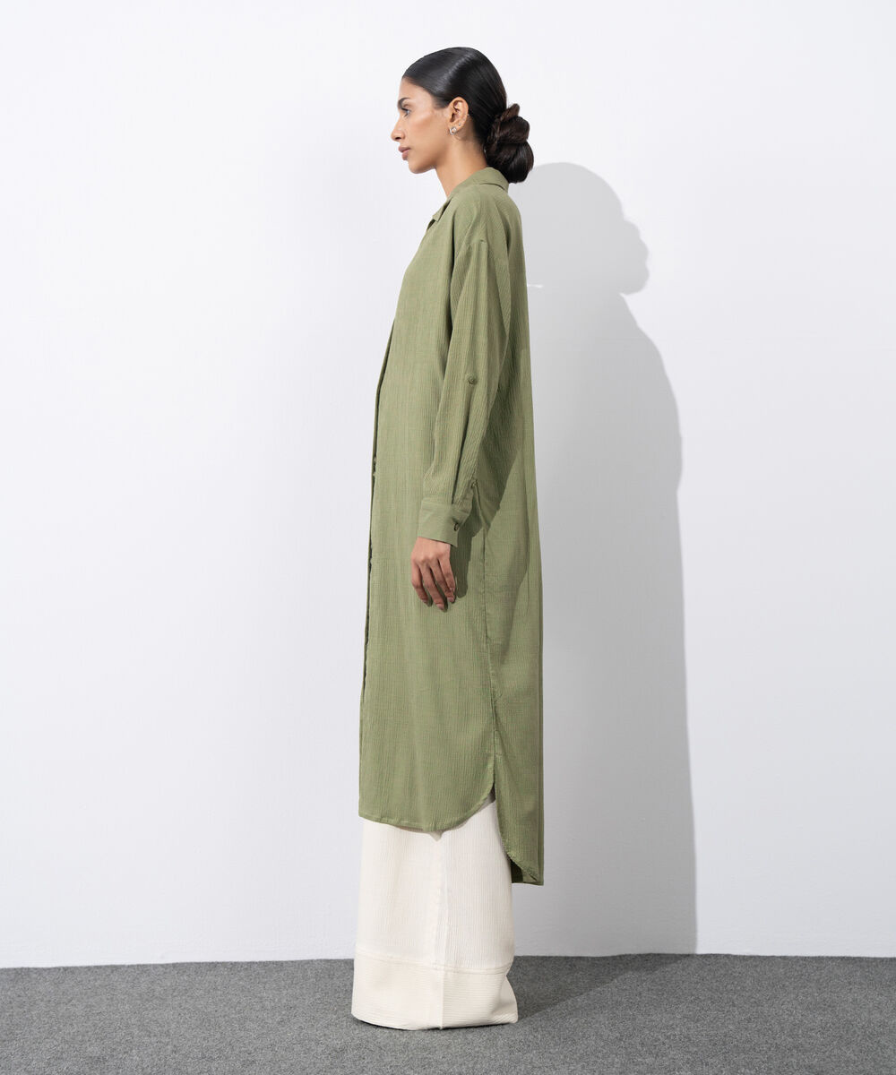 Women's Western Wear Green Seersucker Shirt Dress