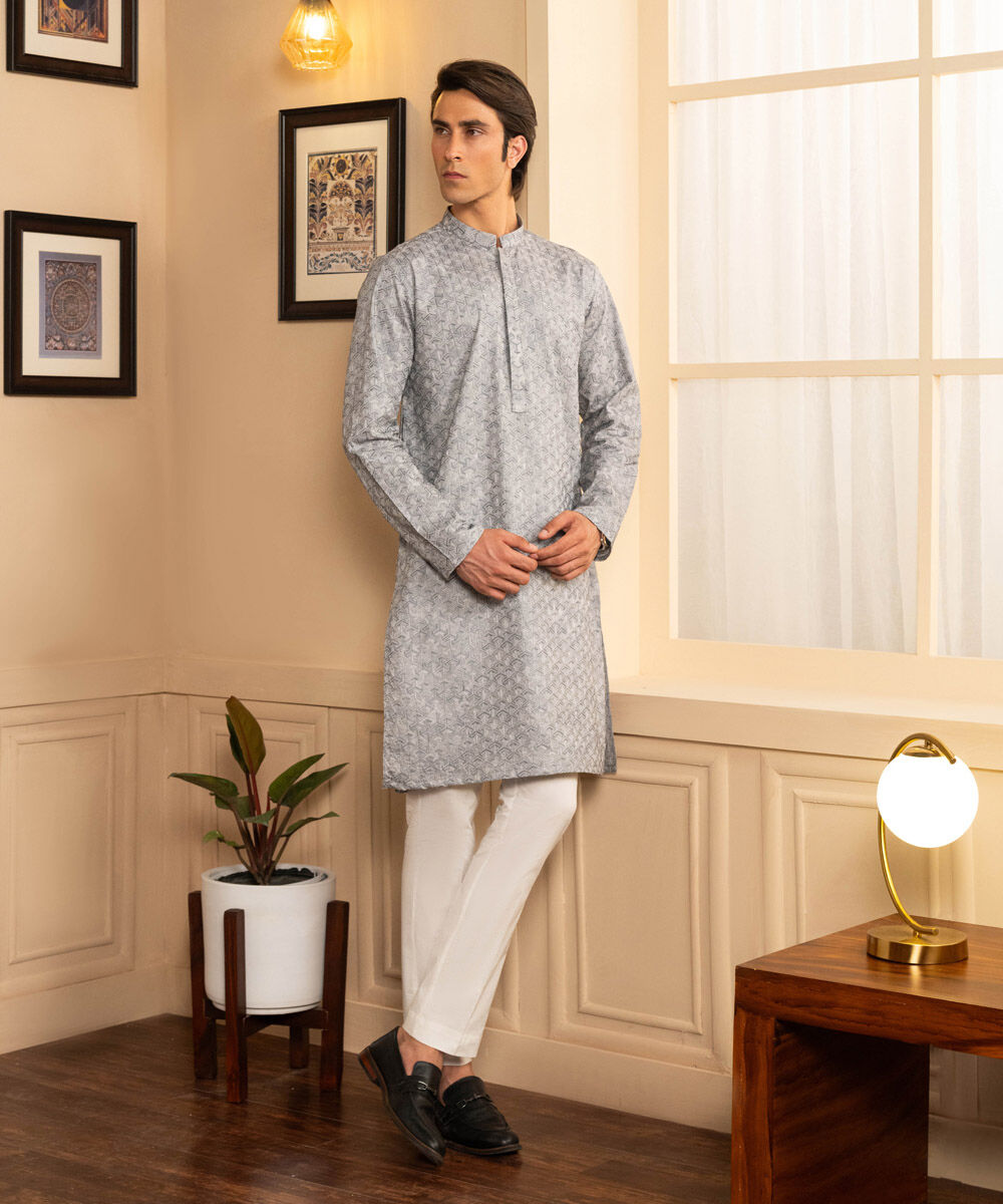 Men's Stitched Embroidered Grey Kurta