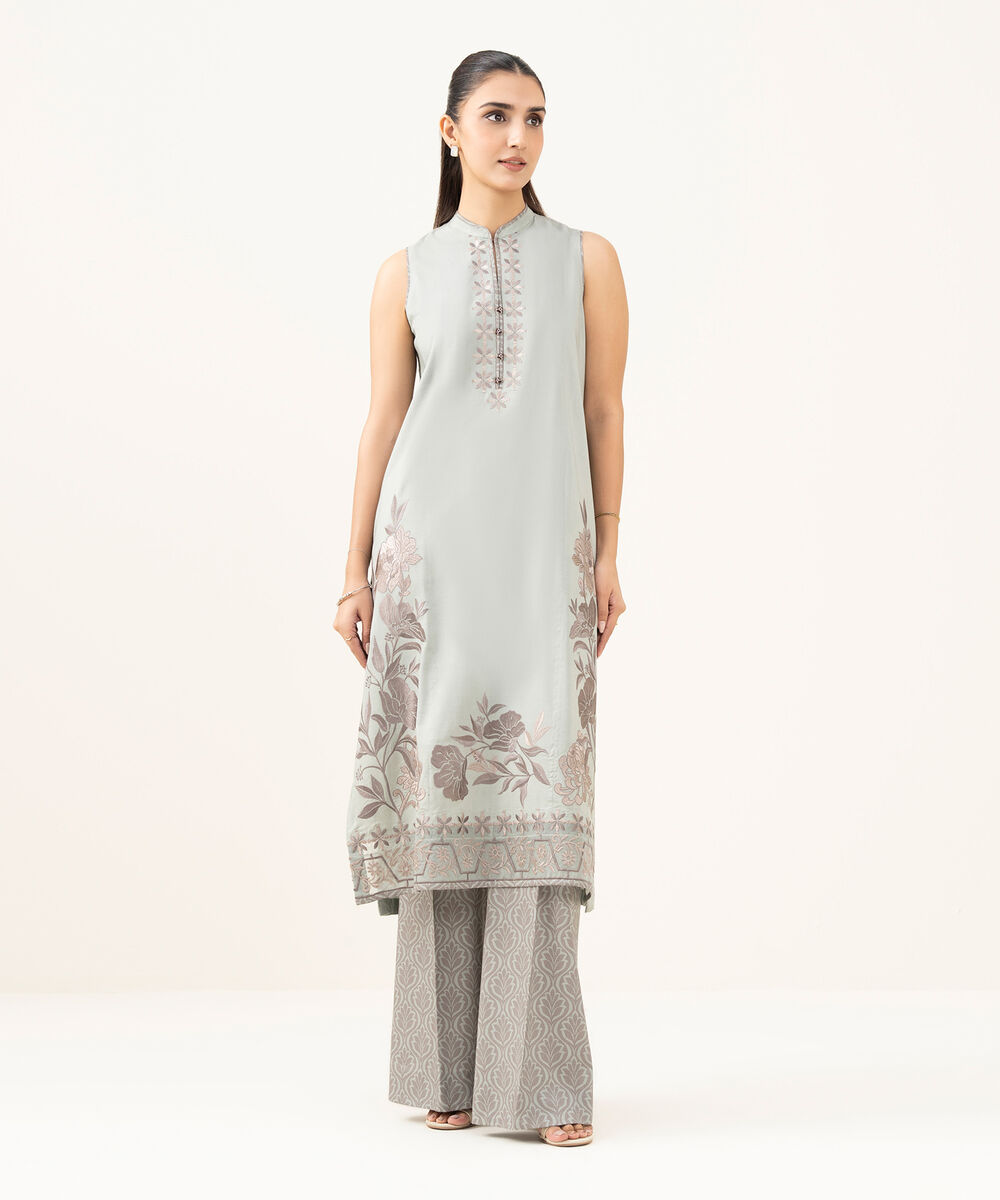 Women's Unstitched Linen Embroidered Grey 2 Piece Suit