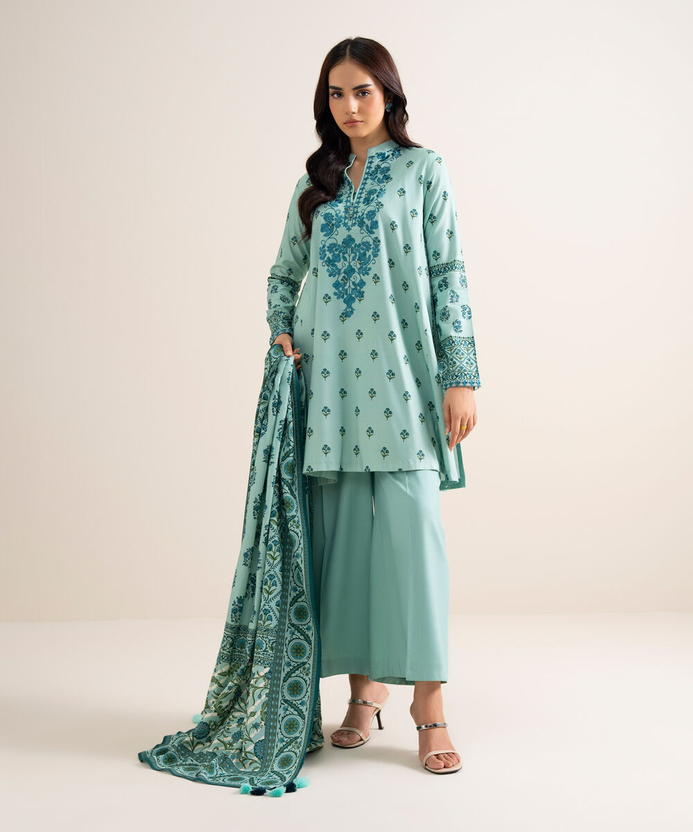 Women's Unstitched Embroidered Linen Light Aqua 3 Piece Suit
