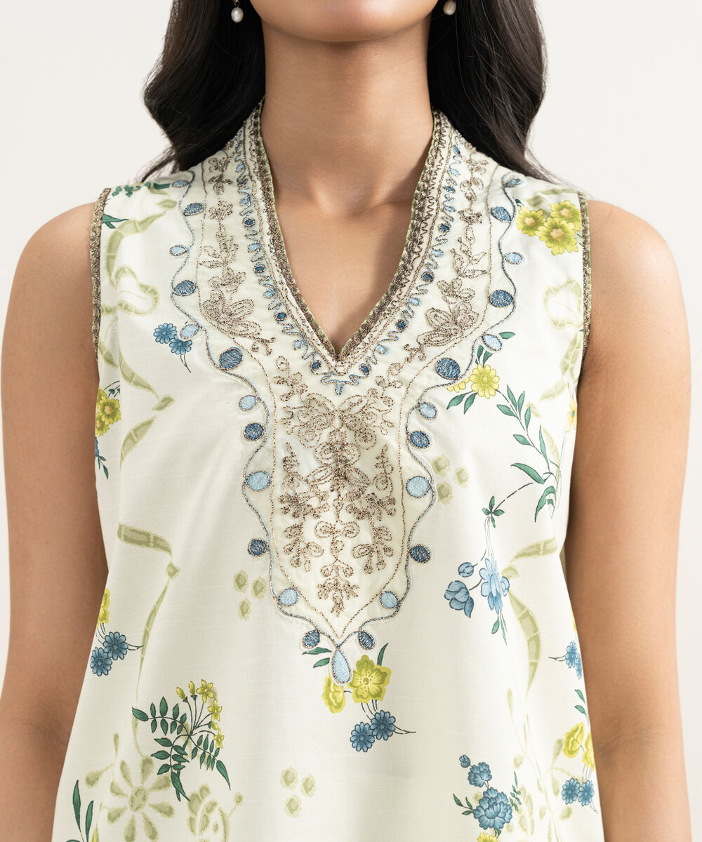 Women's Unstitched Lawn Embroidered Off White  3 Piece Suit