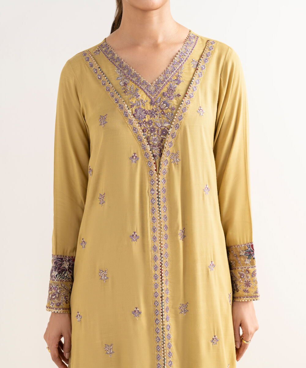Women's RTW Viscose Raw Silk Yellow Embroidered A-Line Shirt