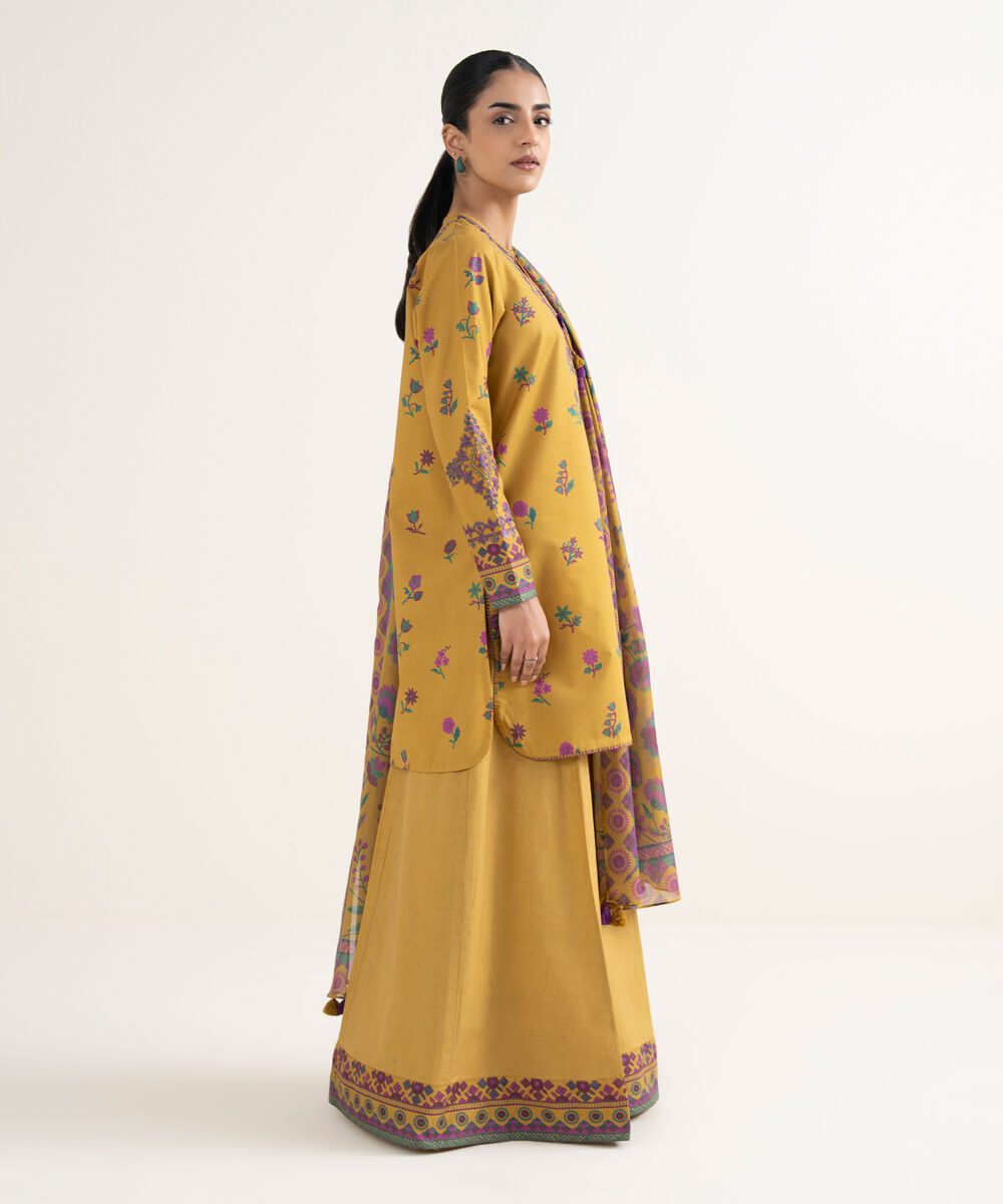 Women's Unstitched Cotton Embroidered Yellow 3 Piece Suit