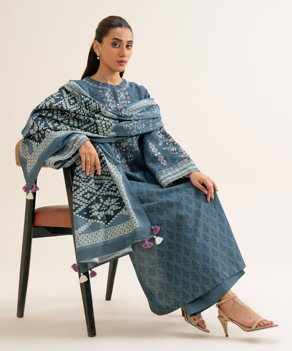 Women's Unstitched Light Khaddar Embroidered Blue 3 Piece Suit