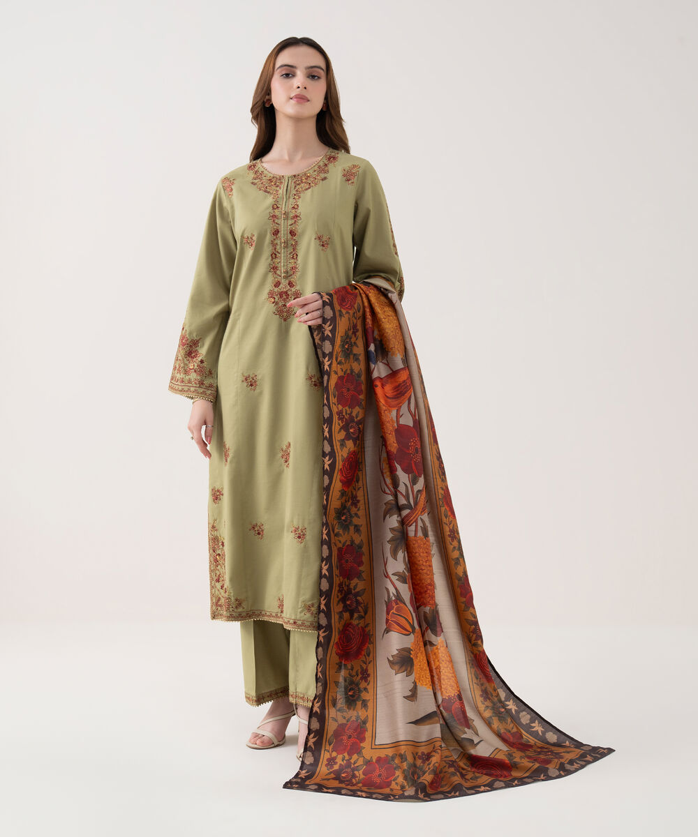 Women's RTW Cotton Viscose Embroidered Green A-Line Shirt