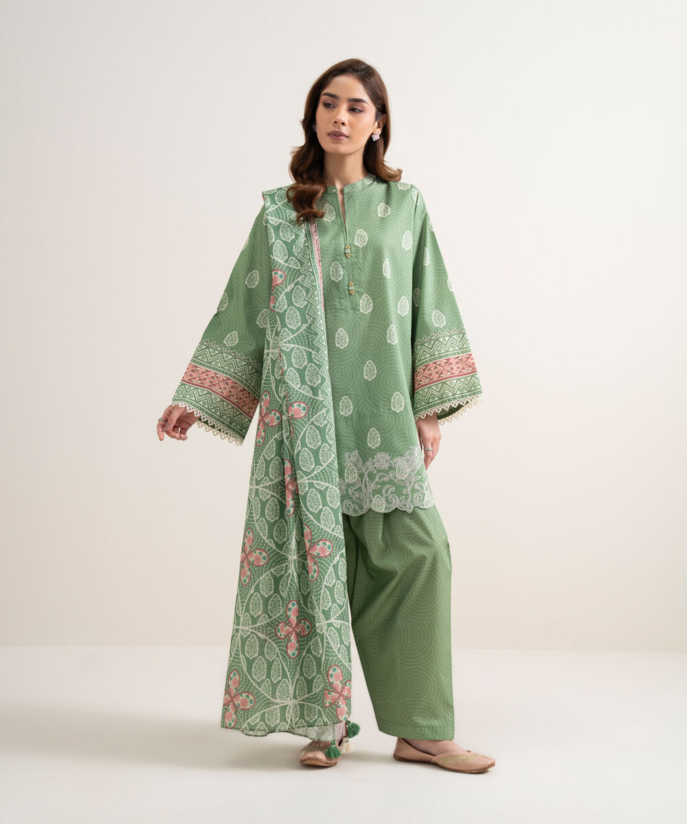 Women's Unstitched Lawn Embroidered Green 3 Piece Suit