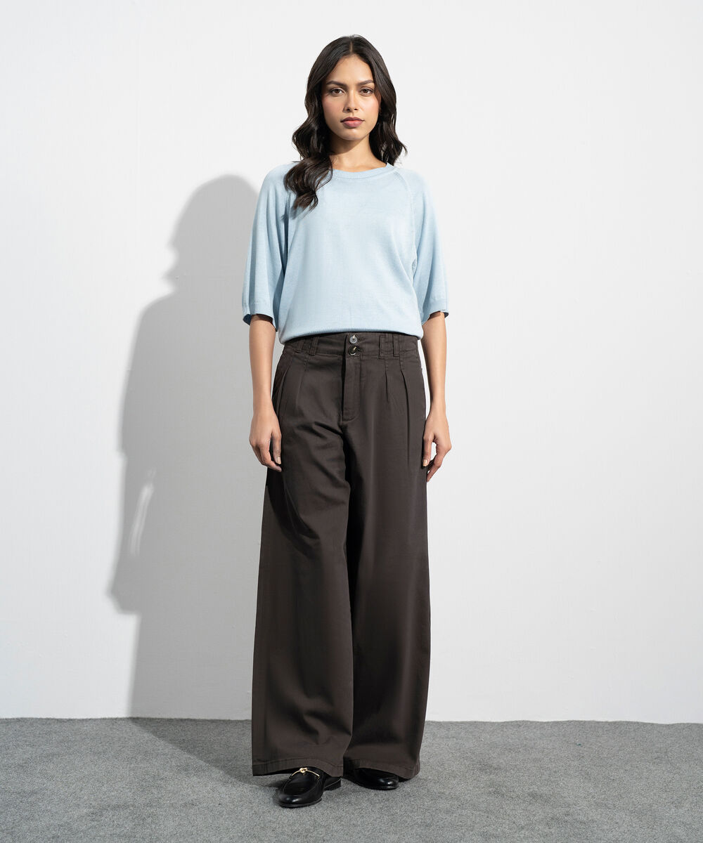 Women's Western Brown Wide Leg Pleated Chino Trousers