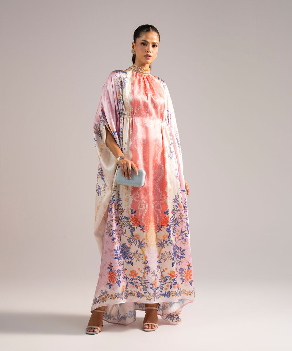 Women's RTW Blended Satin Printed Pink Kaftan