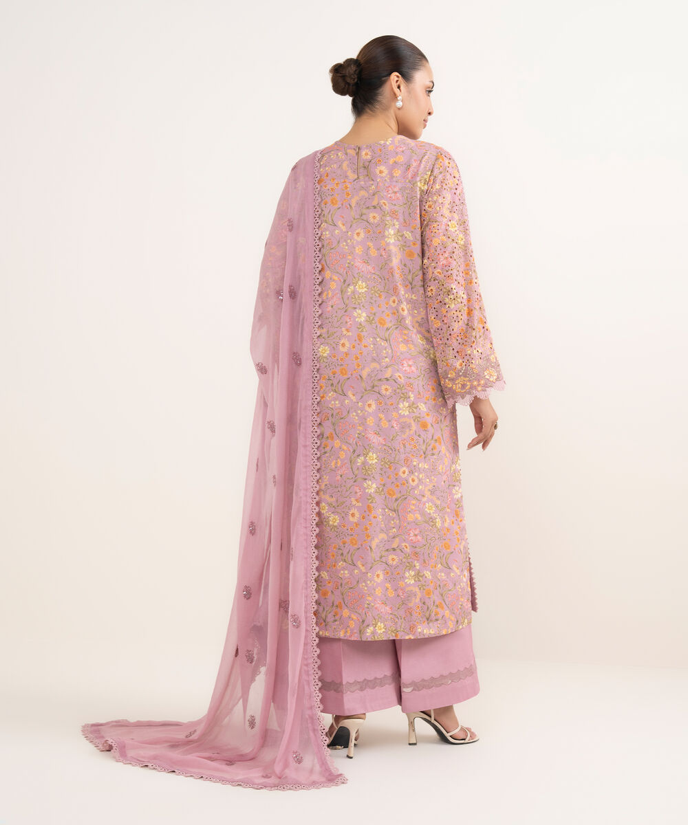 Women's Unstitched Cotton Embroidered Pink 3 Piece Suit