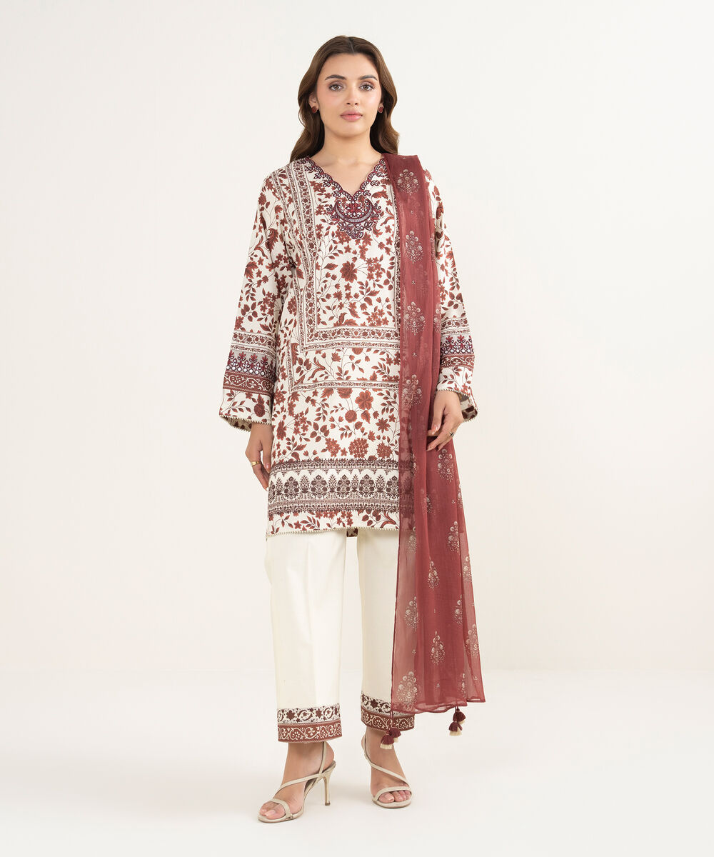 Women's Unstitched Lawn Embroidered Red 3 Piece Suit